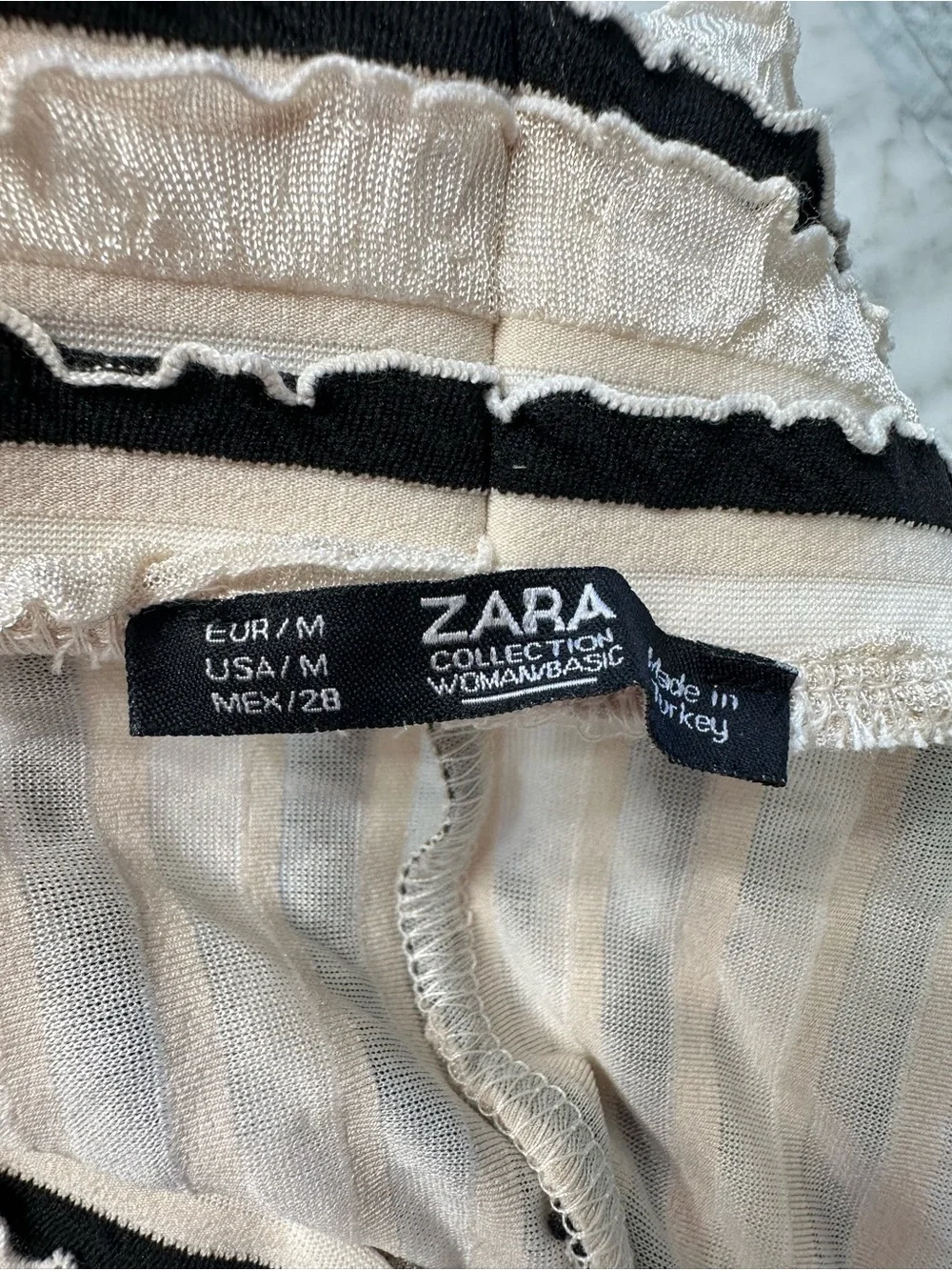 ZARA Cream Black Stripe Ruffle Knit Wide Leg Pants